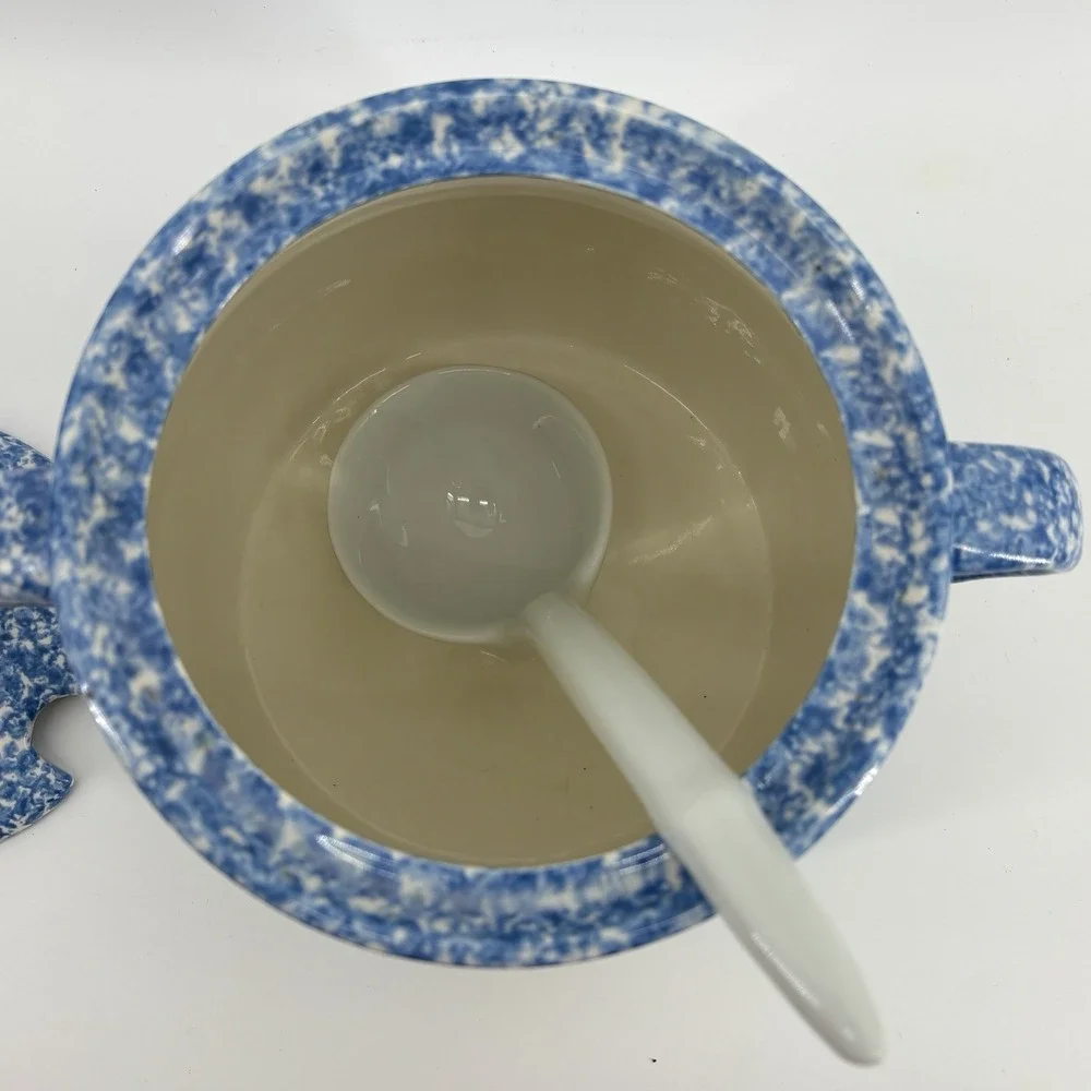 N.S. Gustin Ceramic Goose Jar Ladle Blue Spongeware Stipple Duck Cottagecore